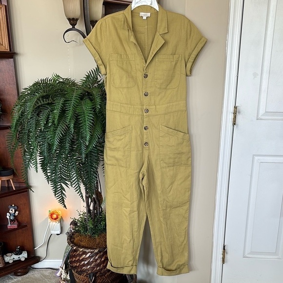 Loft Tailored Olive Green Button Up Jumpsuit V-Neck Short Sleeve 100% Cotton - Picture 1 of 16